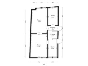 Grundriss Erdgeschoss Wohnhaus Wahlstraße 69 mit Raummaßen, erstellt per 3D-Scan